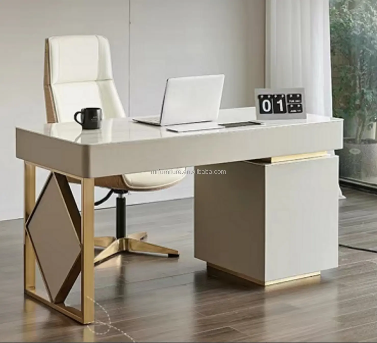 Modern Office Furniture Luxury Golden Stainless Steel Large Desk Office Table For Home Commercial