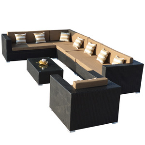 Veranda <span class=keywords><strong>1</strong></span> + 3 + <span class=keywords><strong>1</strong></span> kesit yemek konuşma koltuk takımı rattan hasır bahçe mobilyaları kanepe düşük masa yastık ile set