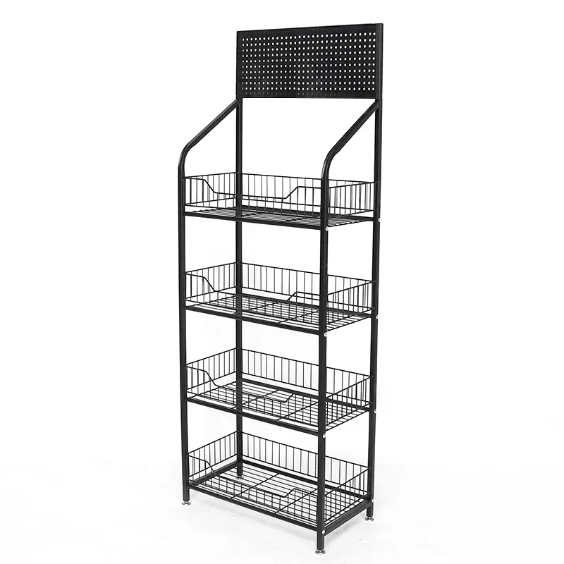 Customized Floor 4 tier Supermarket shelf grocery store snack display rack with pegboard
