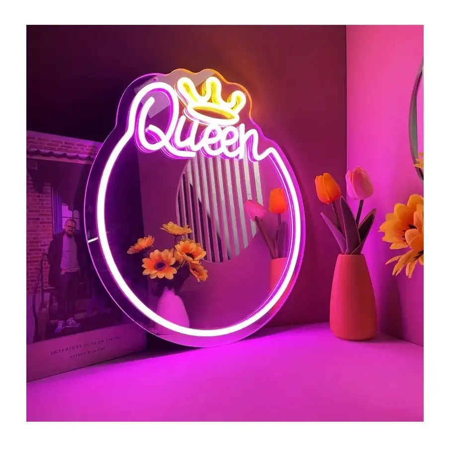 Espejo grabado Queen Letrero de neón Regulable LED Colgante de pared para estudio en casa Salón Tatuaje Día de San Valentín o regalo de cumpleaños