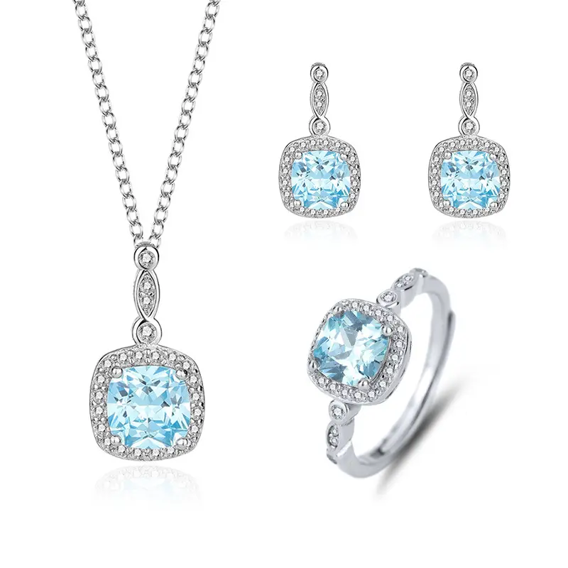 절묘한 925 스털링 실버 바다의 심장 블루 보석 목걸이 귀걸이 반지 세트 여성 패션 CZ 다이아몬드 보석 세트