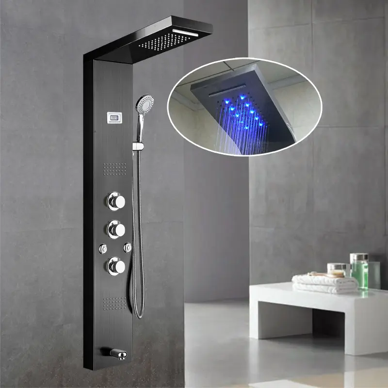 Fapuiiy-grifo de ducha LED, Panel de ducha de baño de acero inoxidable, moderno y contemporáneo, sistema de ducha de pared, cascada, lluvia, negro