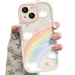 ピンクのかわいい落書きスマイリーレインボー電話ケースiphone 15 pro max 14 <span class=keywords><strong>13</strong></span> plus 1211人気チェーン漫画耐衝撃性ハードカバー