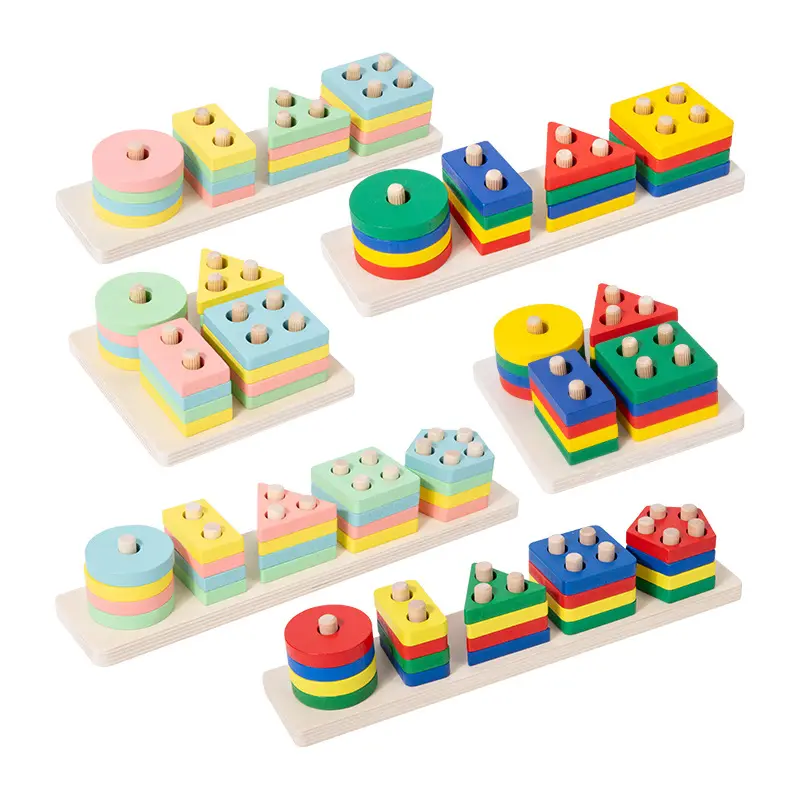 Bloques de madera Cuatro columnas Forma geométrica Juegos a juego de colores Juguete de madera para bebé Aprendizaje temprano Educativo