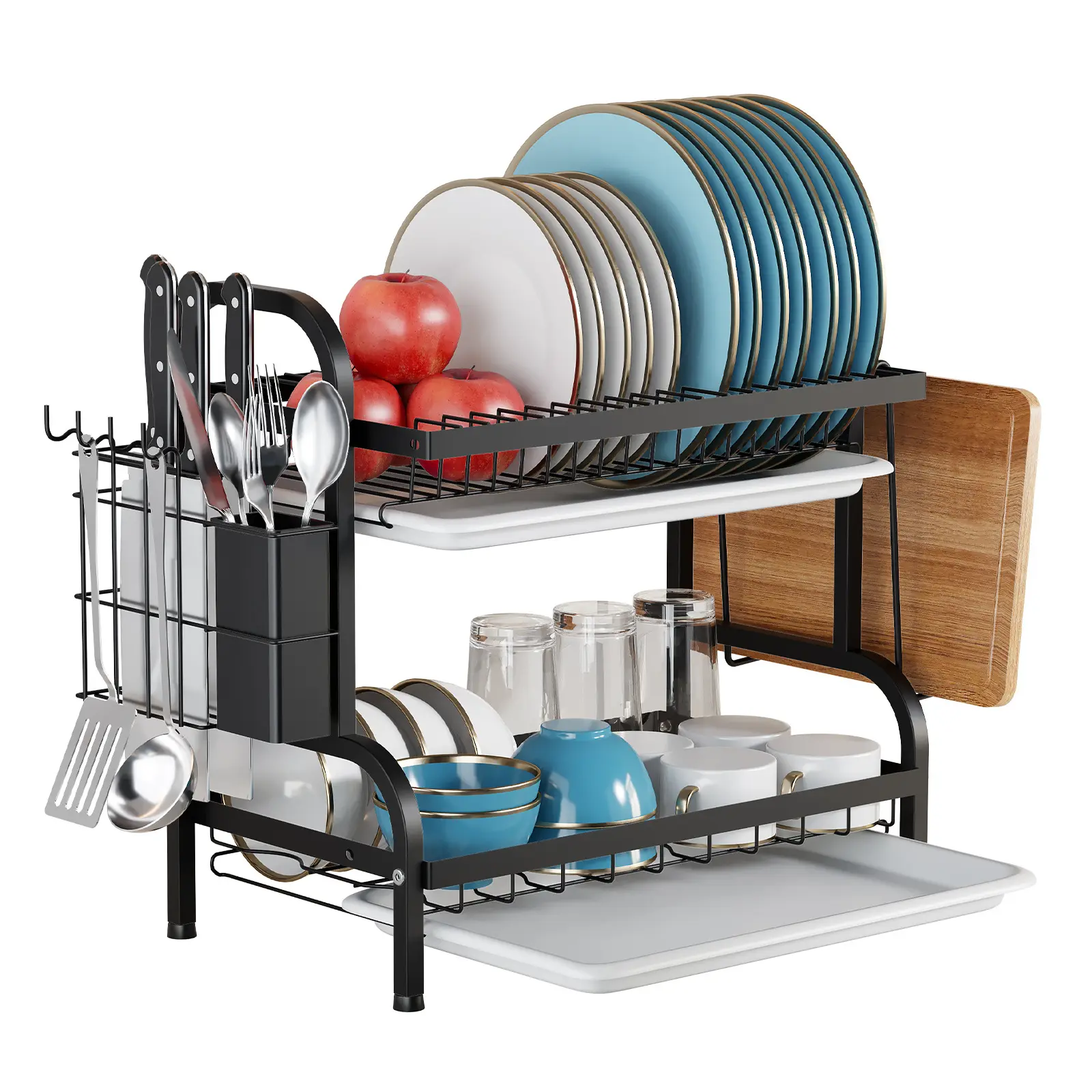 Égouttoir à vaisselle compact à 2 niveaux pour égouttoir de cuisine Grand égouttoir à vaisselle antirouille avec porte-ustensile