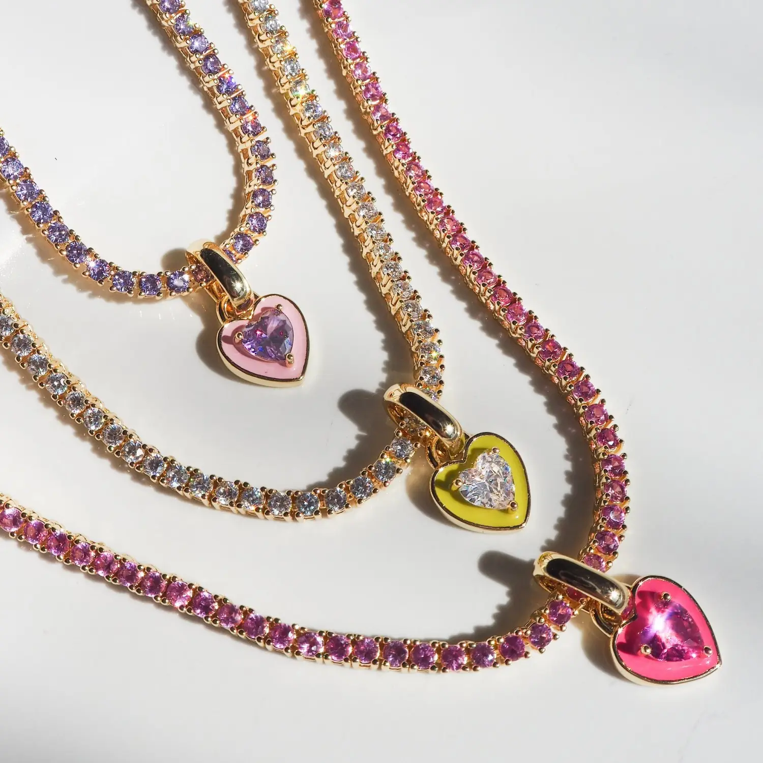 Light Luxury Enamel Pink Purple Zircon Heart Necklace Full Inlaid Round Emerald Diamond Colored Tennis Chain Heart choker