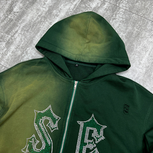 Ağır damla omuz sıkıntılı Zip Hoodie Streetwear boy Rhinestone Hoodie özel baskı Aicd yıkama fermuarlı kapüşonlu eşofman üstü - Product Image 3