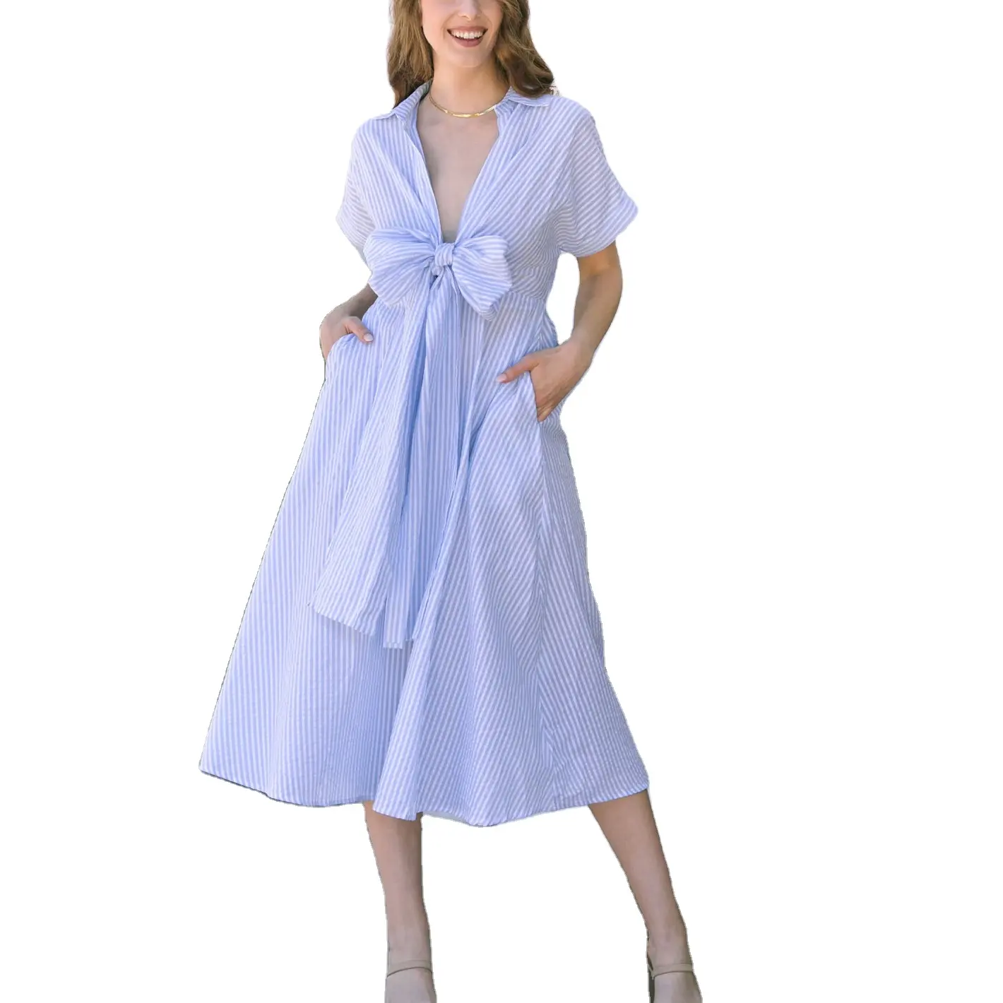 Vestido de camisa midi personalizado com listra e laço de manga curta 100% algodão para mulheres