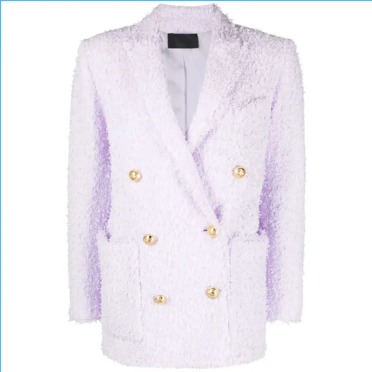2023 Nieuwste Damesstijlen Op Maat Gemaakte Luxe Elegante Roségouden Knoop Tweed Lichtroze Dames Blazers Met Dubbele Rij Knopen