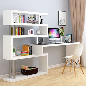 Modern Rotating <strong>Computer</strong> Desk Adjustable Feature Simple Bookcase Integrated Corner Desk Bookshelf Bedroom Home Office Use Metal