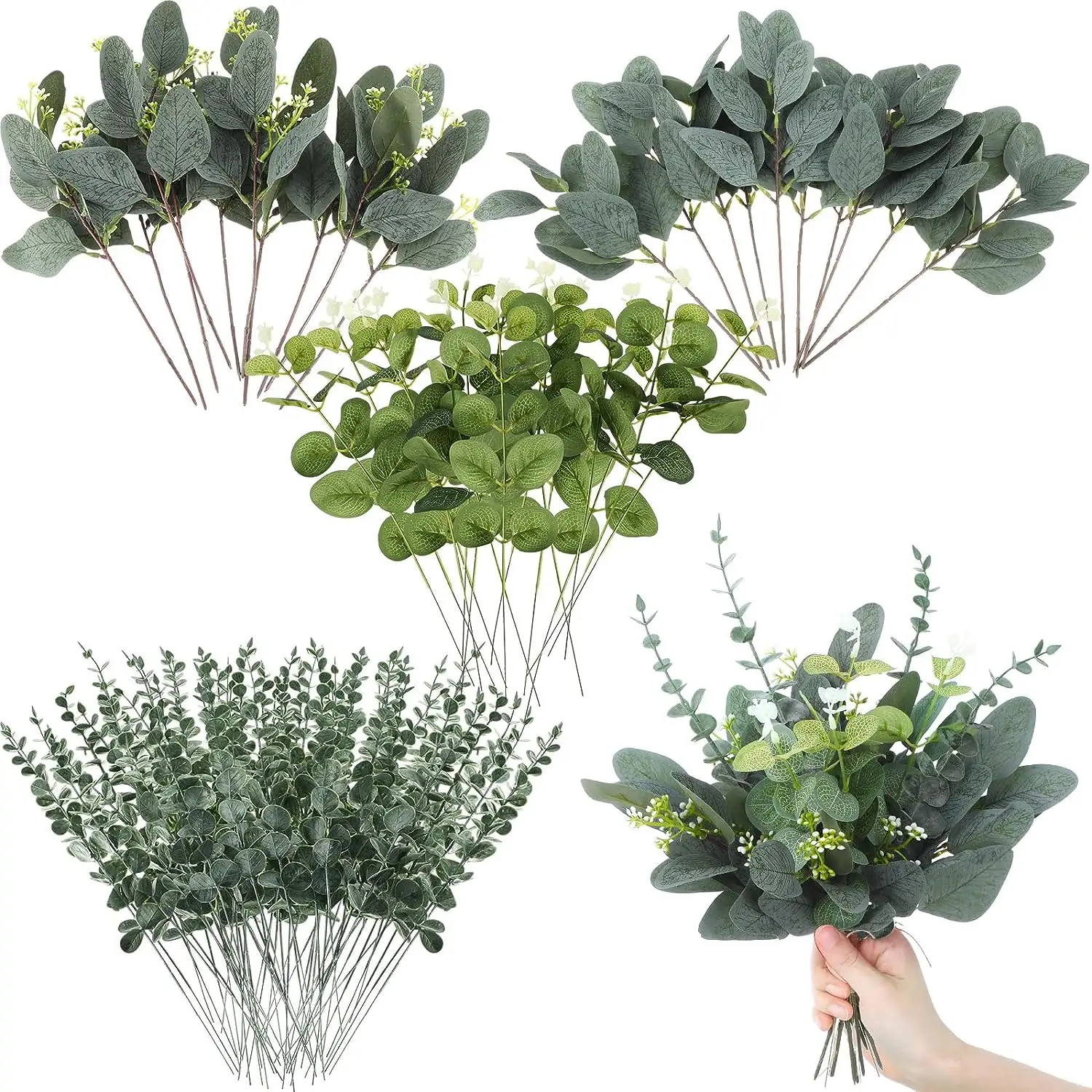 Mixed Artificial Eucalyptus Leaves Seed Eucalyptus Stems Green Silver Dollar Eucalyptus Stems Plant Branch Bridal Bouquet