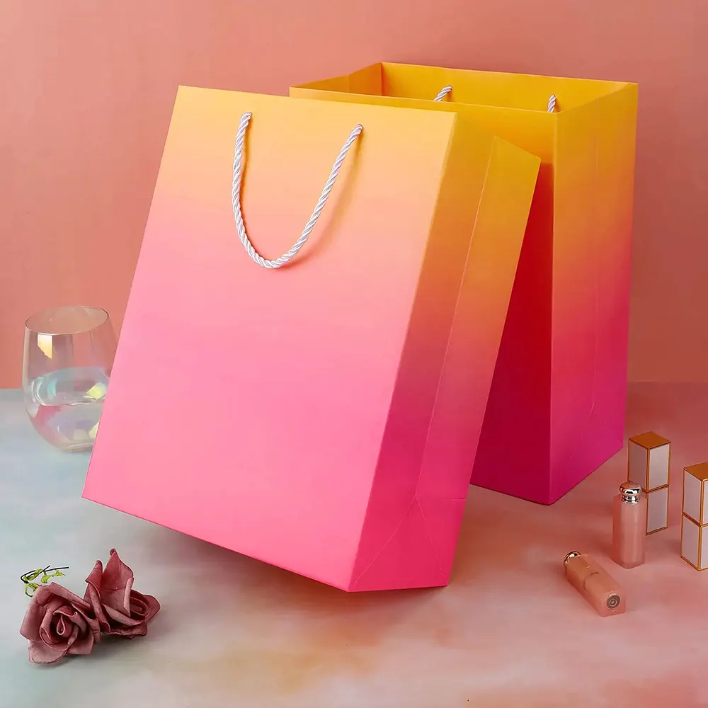 Moda çevre dostu alışveriş hediye kağıt torba sarı pembe degrade karton çanta özel kağıt çanta ile logo