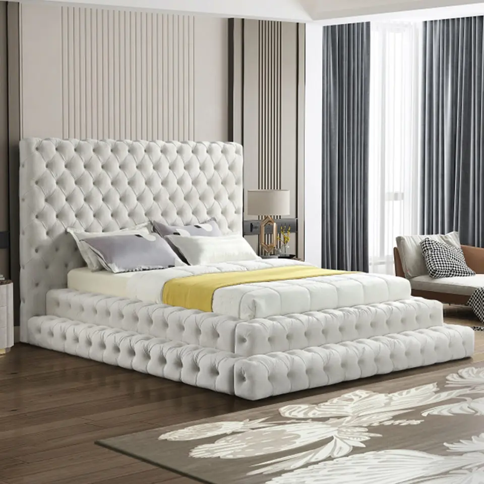Luxury Bedroom Furniture Designer Velvet Fabric King Queen Size Modern Boy Girl Wooden Multifunction High End Up-holstered Beds