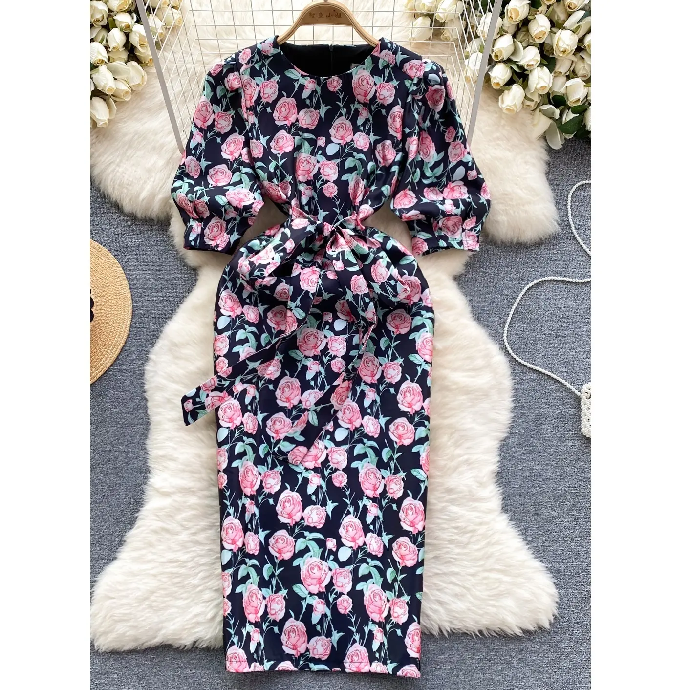 Primavera versión coreana moda elegante alto grado diosa estilo suelto estampado de flores vestidos 2024