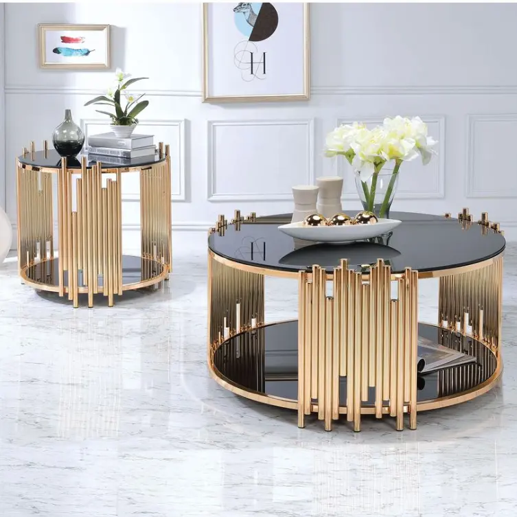 modern design stainless steel living room furniture luxury black glass top gold round coffee table