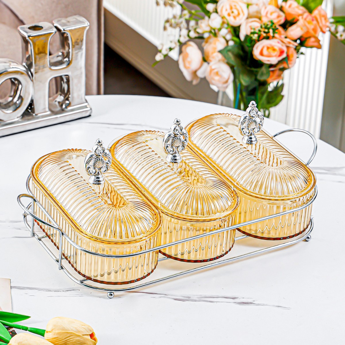Cadre Fleur Argenté - Ambre - Grand Plat Ovale - 3 Compartiments