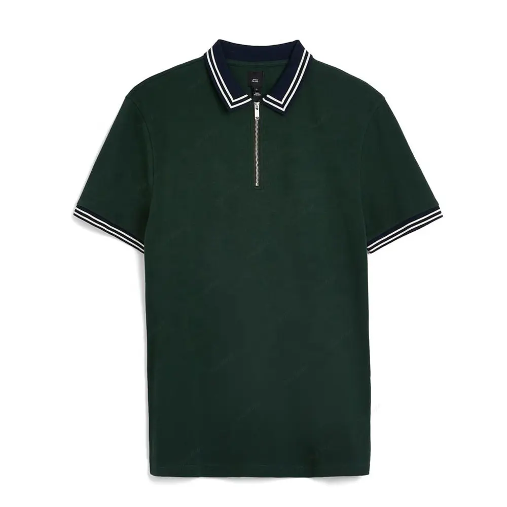 Camiseta ajustada con logotipo personalizado para hombre, Polo de Golf 100% de algodón con solapa de cremallera y banda de rayas con contraste