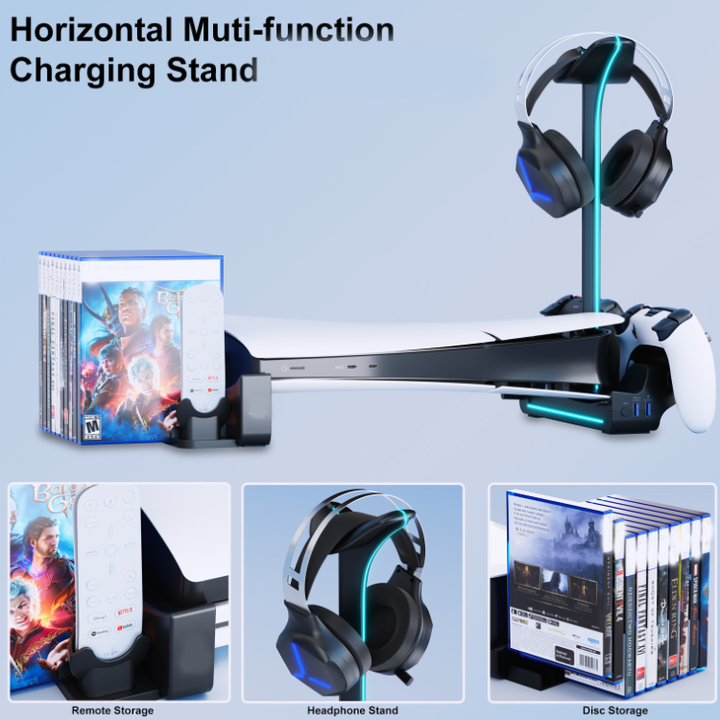 Multi-functional Horizontal Charging Stand for PS5 Slim Console Charger Dock and Dual Controller Charging Station