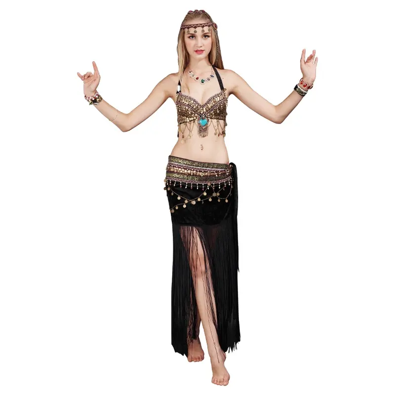Traje de dança do ventre com franjas para dança étnica, princesa tribal feminina, roupas de duas peças para performance de palco