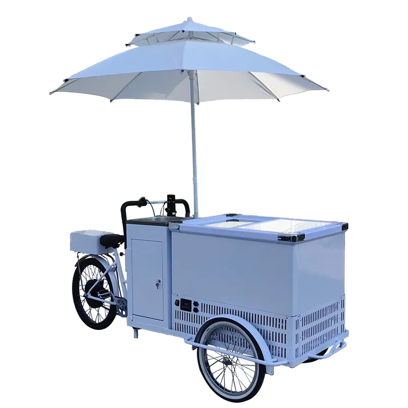 Precio de fábrica, carrito de café, carrito de cerveza, nueva bicicleta de triciclo refrigerado con congelador de CA, popular carrito de helados