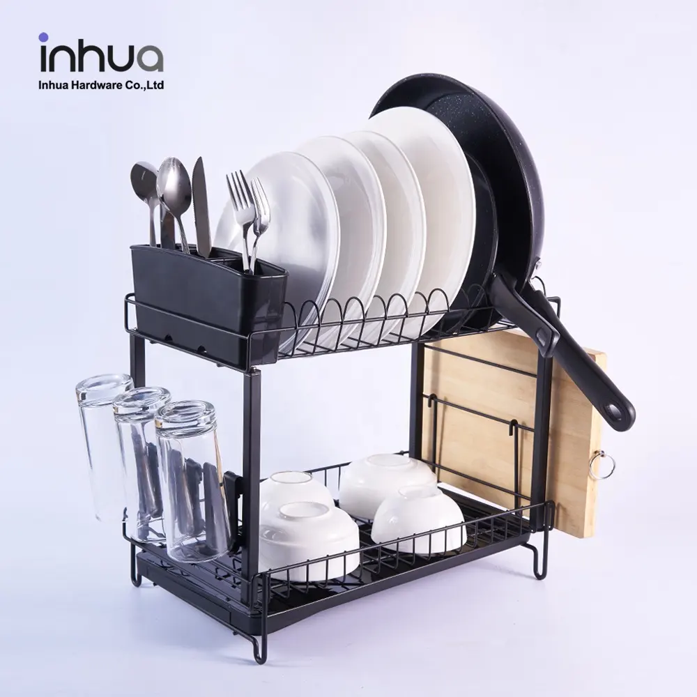 Hot new large capacity 2 tiers storage rack drying dish rack kitchen dish drainer automatic drain rack with accessories