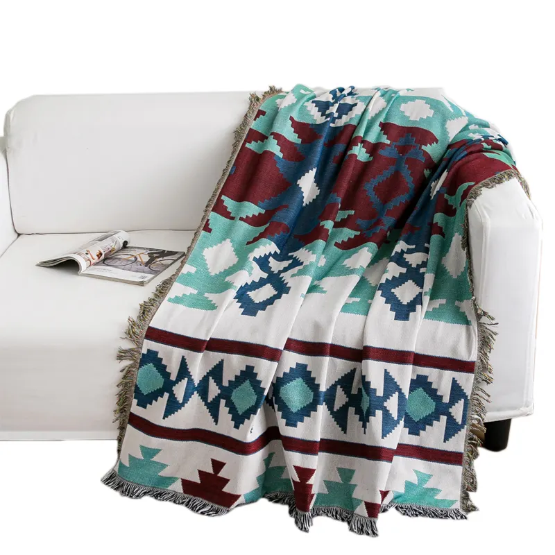 Manta de algodón tejida personalizada, manta bohemia de poliéster para sofá, para Picnic y Camping, barata