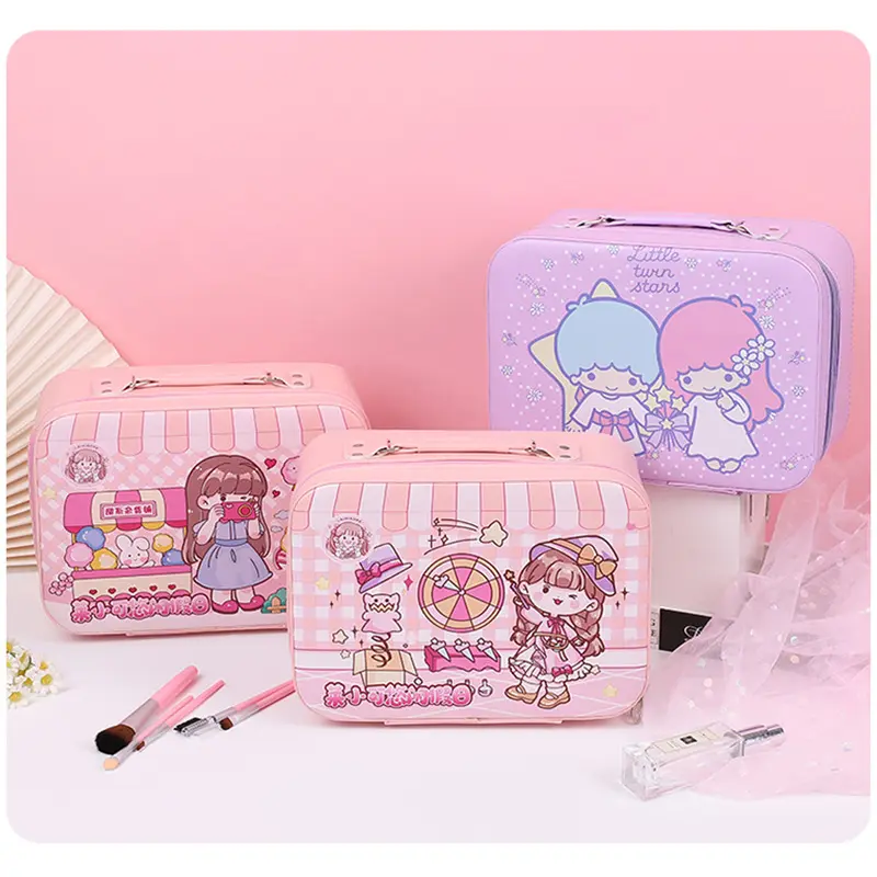 Kawaii Pu Lederen Make-Up Make-Up Tas Doos Kawaii Roze Kat Opbergtas Doos Grote Capaciteit Draagbare Reiskoffer