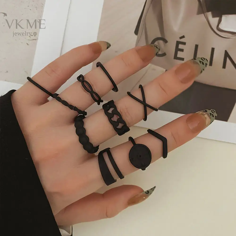 VKME New Black Color Punk Simple Wide Chain Rings Set per donna uomo 2022 Trend Jewelry