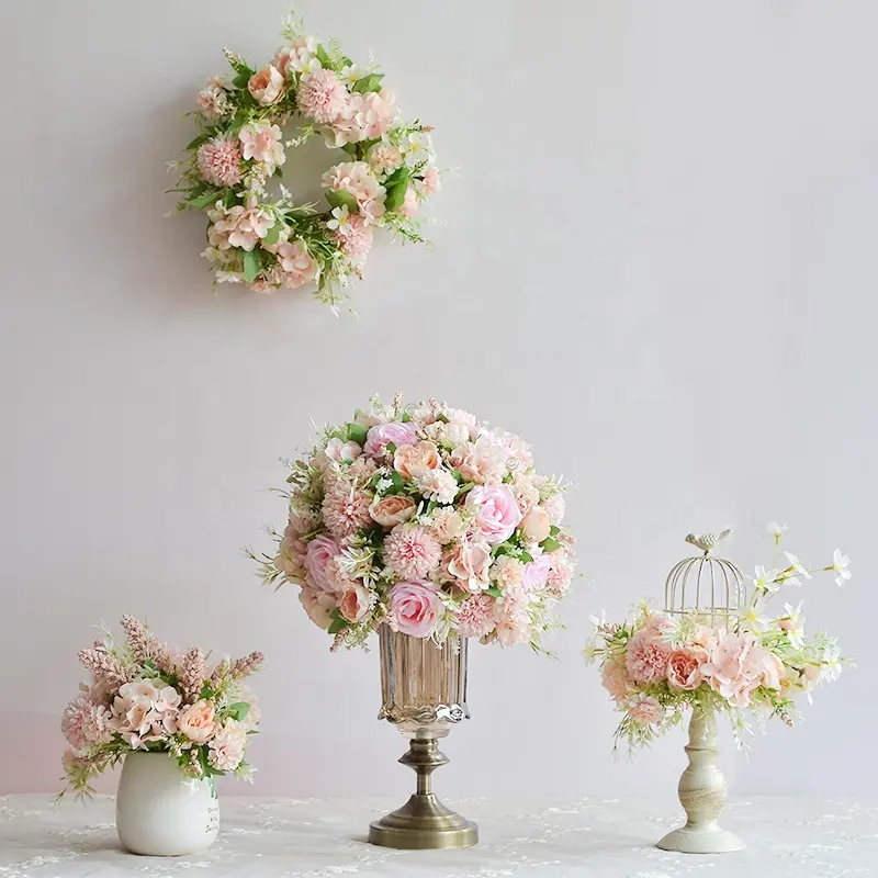 Vases de mariage en soie blanche et violet ls2121, arrangement de boules de fleurs artificielles, décoration de pièces centrales de table en roses