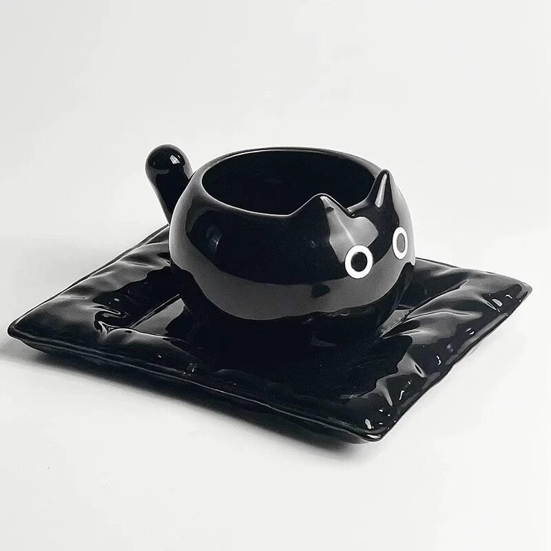 Black Siam cat coffee cup big eyes with saucer-210 ml