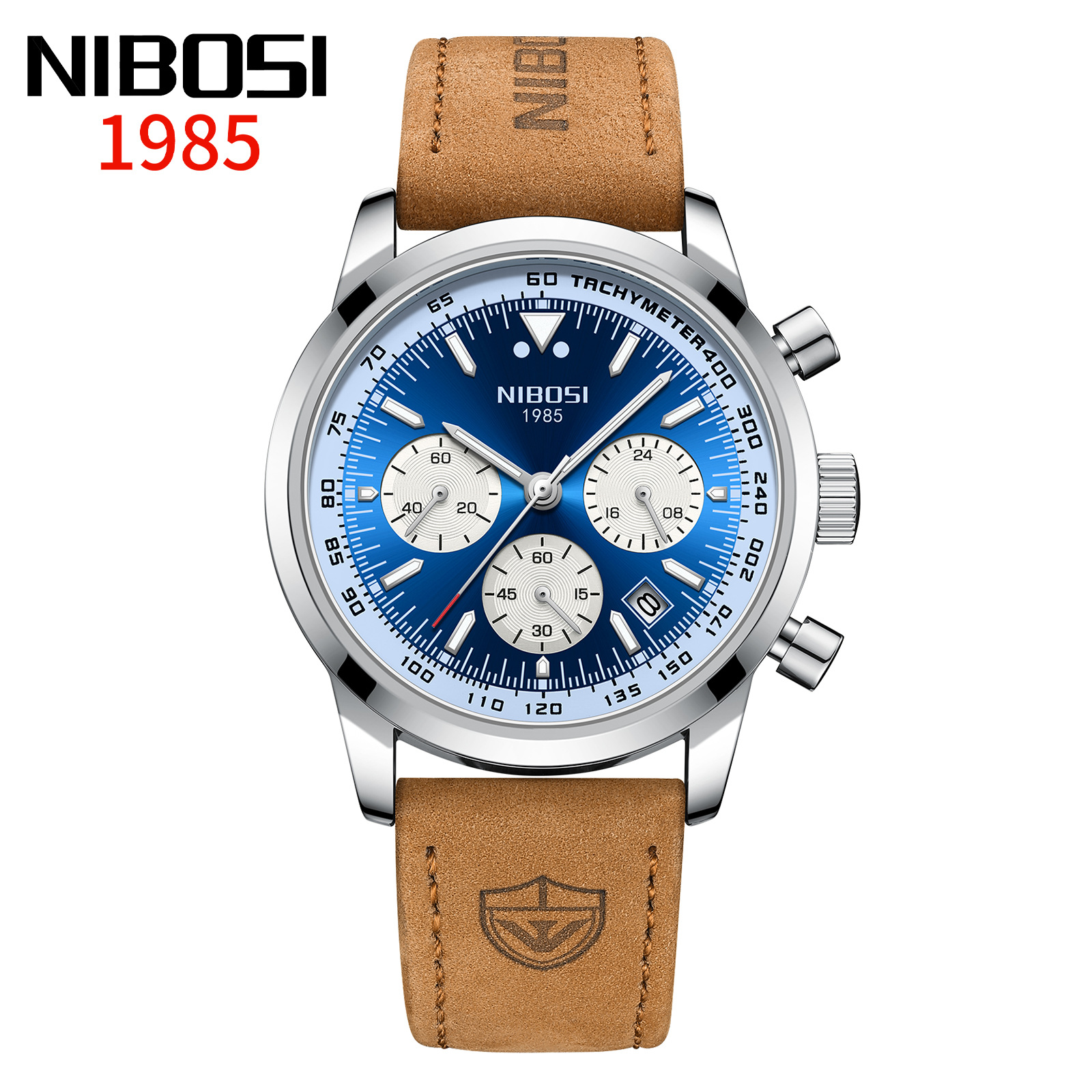 Silver case with blue dial