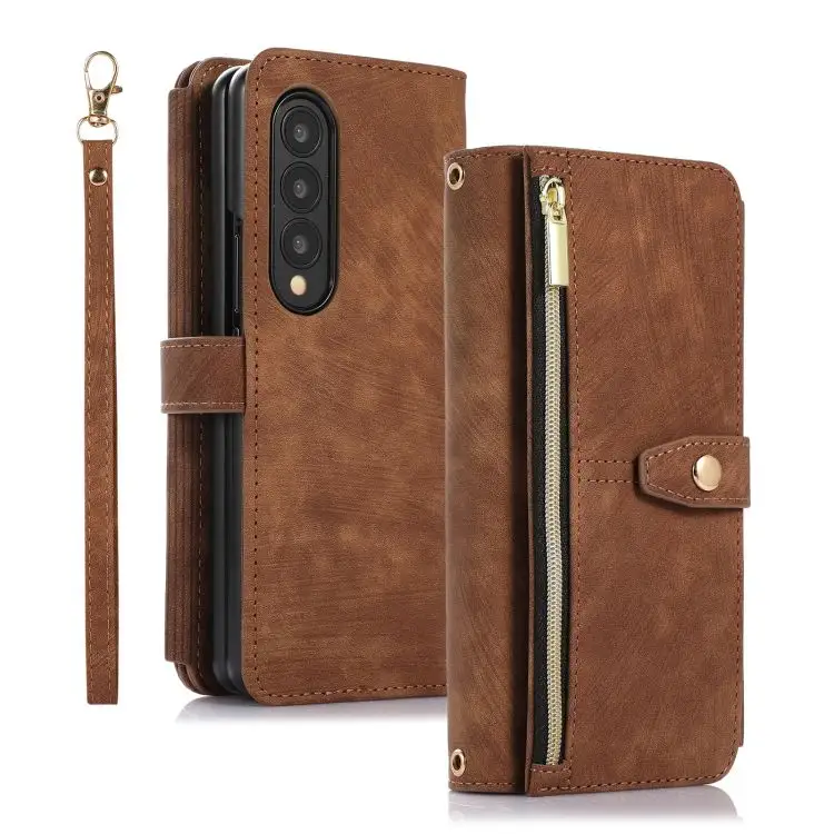 Zipper Pocket Case For Samsung Fold4 Wallet Case Pu Leather Folio Flip Protective Cover With Wrist Strap Credit Card Holder Case