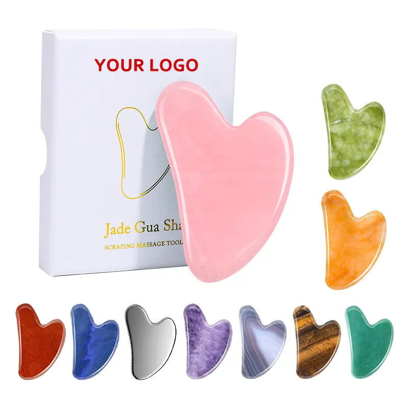 Gua Sha-piedra de cuarzo en forma de corazón con Logo personalizado, conjunto de Jade, rosa, cuarzo, verde, blanco, amatista, Gua Sha, cara, herramienta de cristal