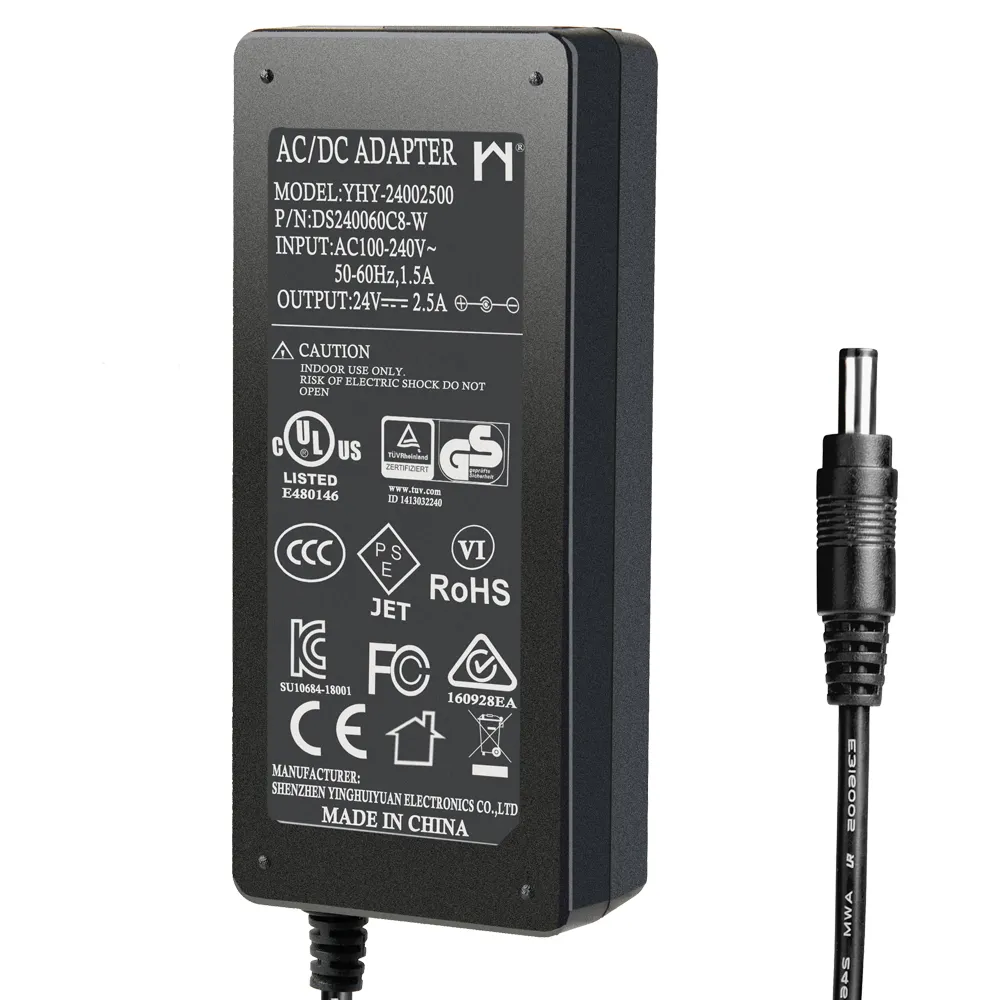 Transformador de potencia de YHY-24002500, 230v, 24 v, 2,5a, 2500ma, 60w, UL/cUL, GS, SAA, PSE, 24 v, 2,5 amp, adaptador, fuente de alimentación