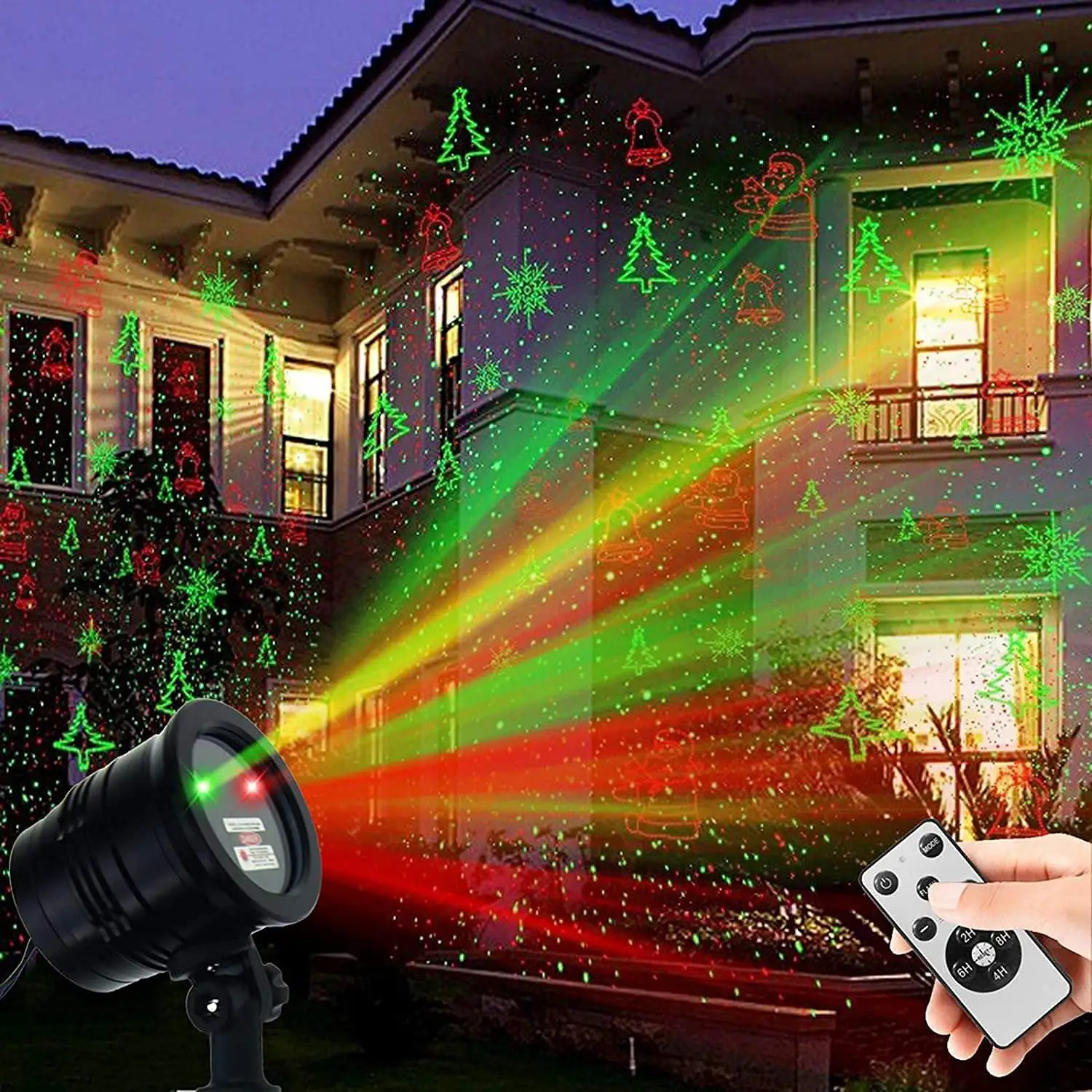 KSWING Đèn LED Chống Nước Với Đèn Laser Màu Đỏ & Xanh Lá Máy Chiếu Đèn Laser Giáng Sinh Ngoài Trời