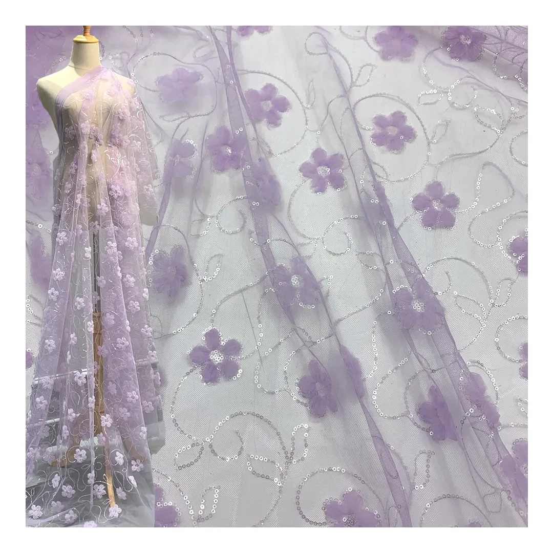 Tecido de renda com lantejoulas bordado floral 3D tecido de rede super qualidade para vestido de festa SS230215-EMB24