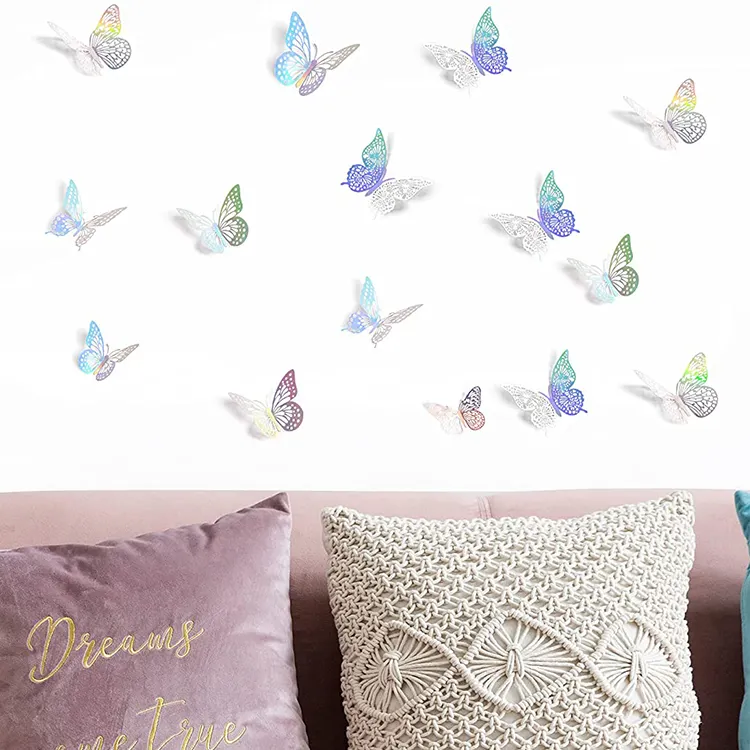 Pegatina decorativa 3D de mariposa para decoración del hogar, Adhesivo de pared con fondo de fiesta de boda, personalizada, proveedor
