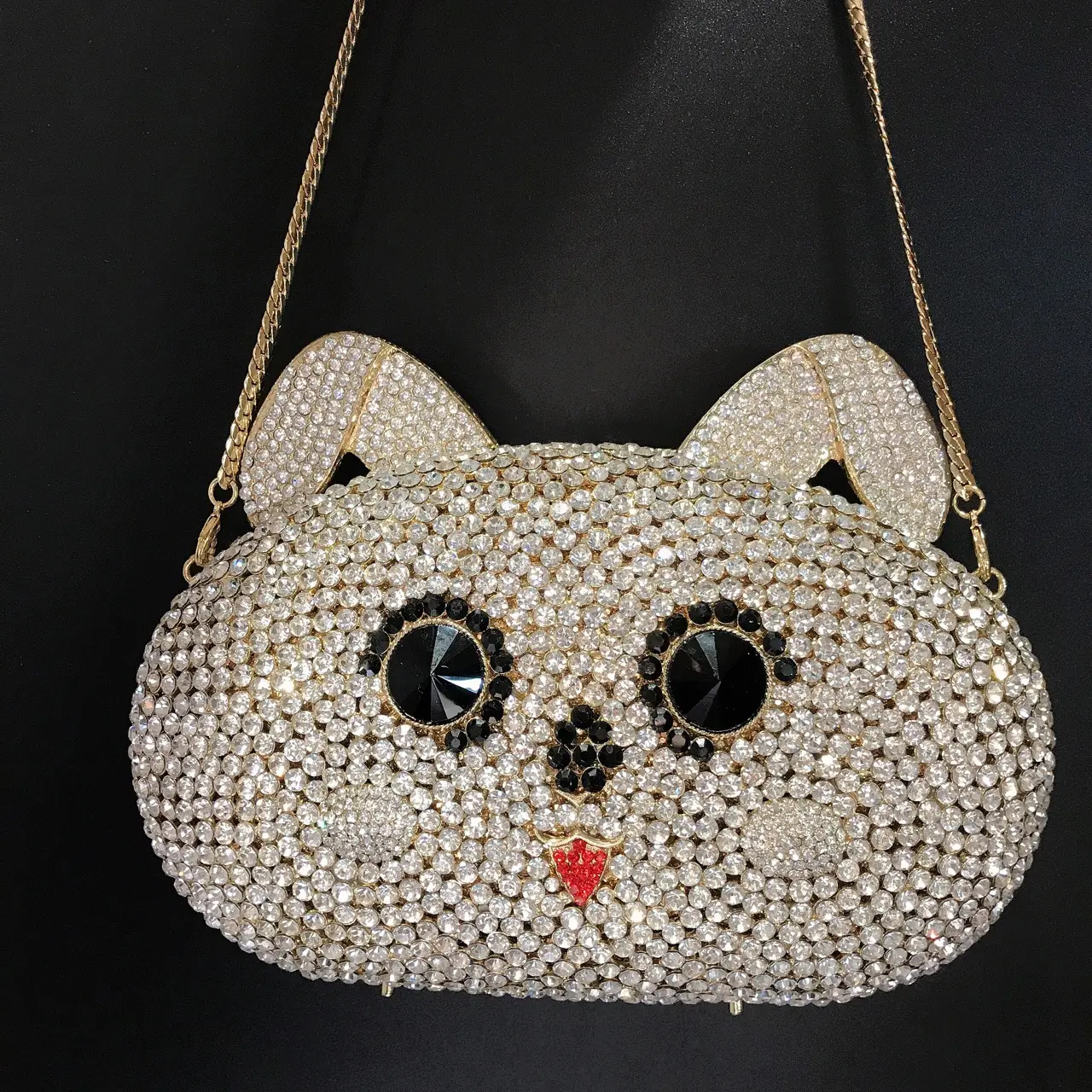 Amiqi MRY119 여성 귀여운 고양이 클러치 크리스탈 이브닝 백 하드 케이스 금속 라인 석 핸드백 웨딩 파티 지갑