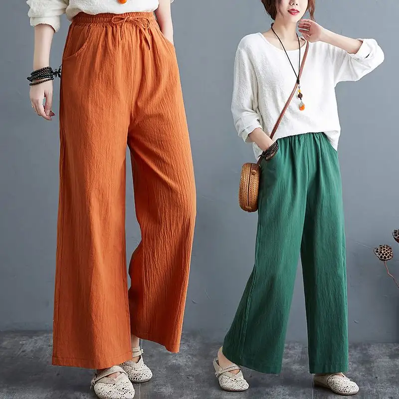 2021 Atacado retro design feminino solto mais calças retas de cintura alta cor sólida estilo coreano calças longas de linho