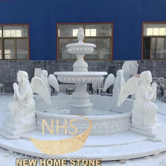 Gran fuente de mármol para exteriores, fuente de mármol natural con estatua para niñas, fuente de sirena de piedra grande para jardín