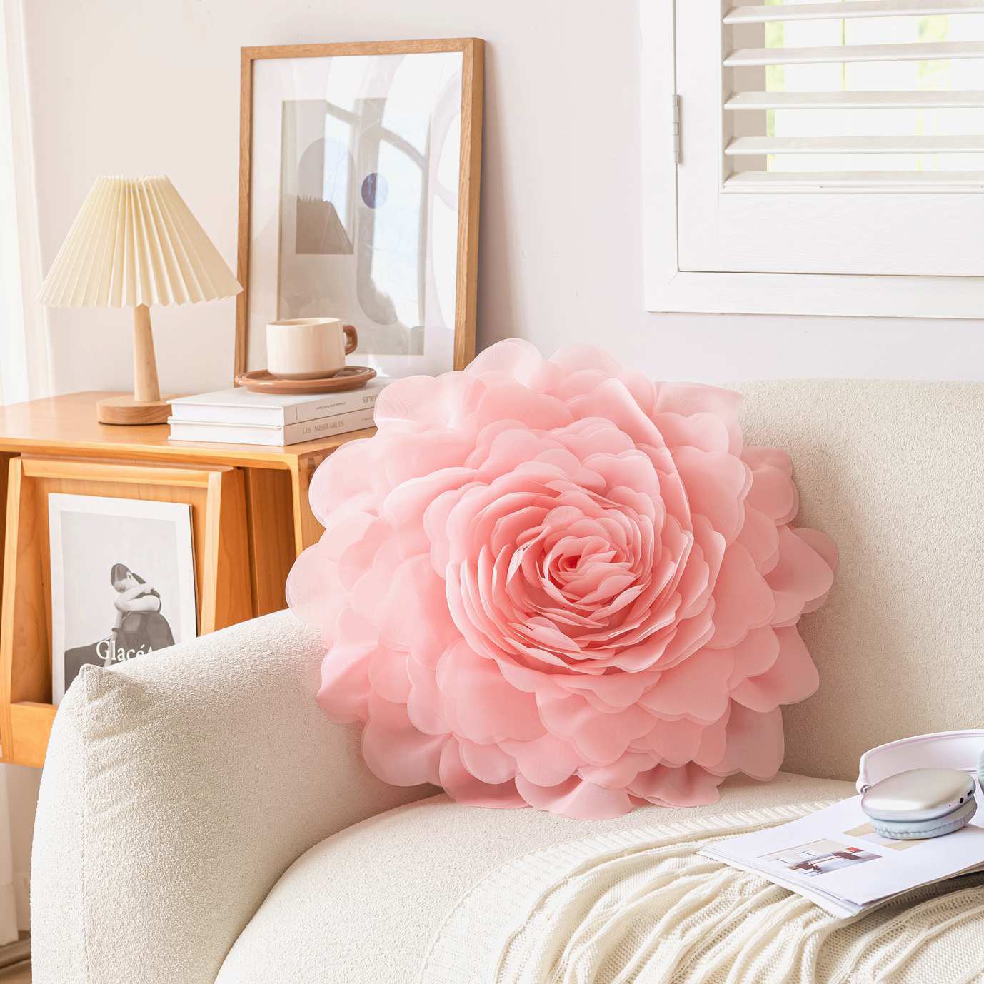 Housse d'oreiller pétales en trois dimensions en tulle rose-4