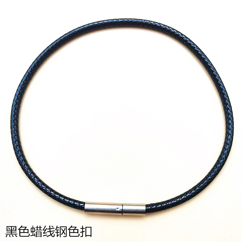Black waxed thread, steel-colored buckle