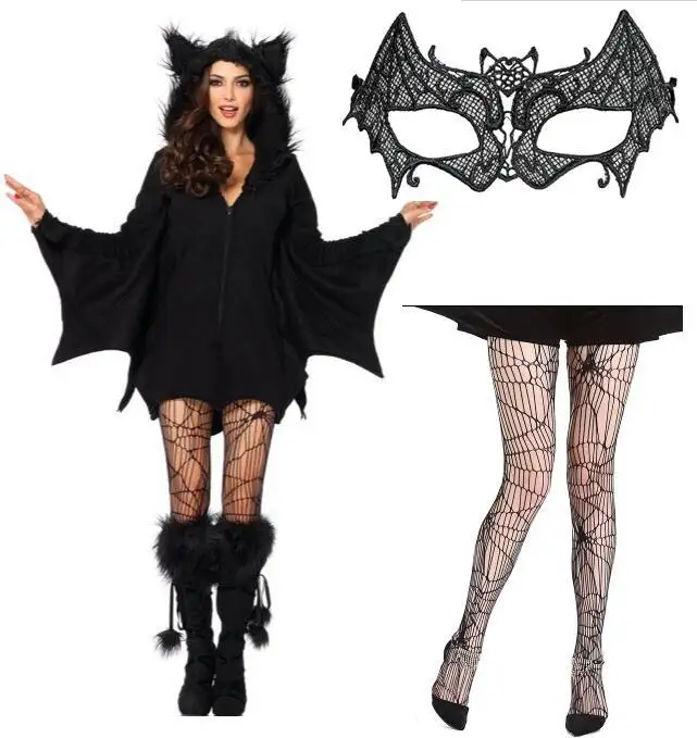 Costume di Halloween per le donne Bat Cozy Black Animal Adult Cosplay Vampire Zipper Dress Ecowalson