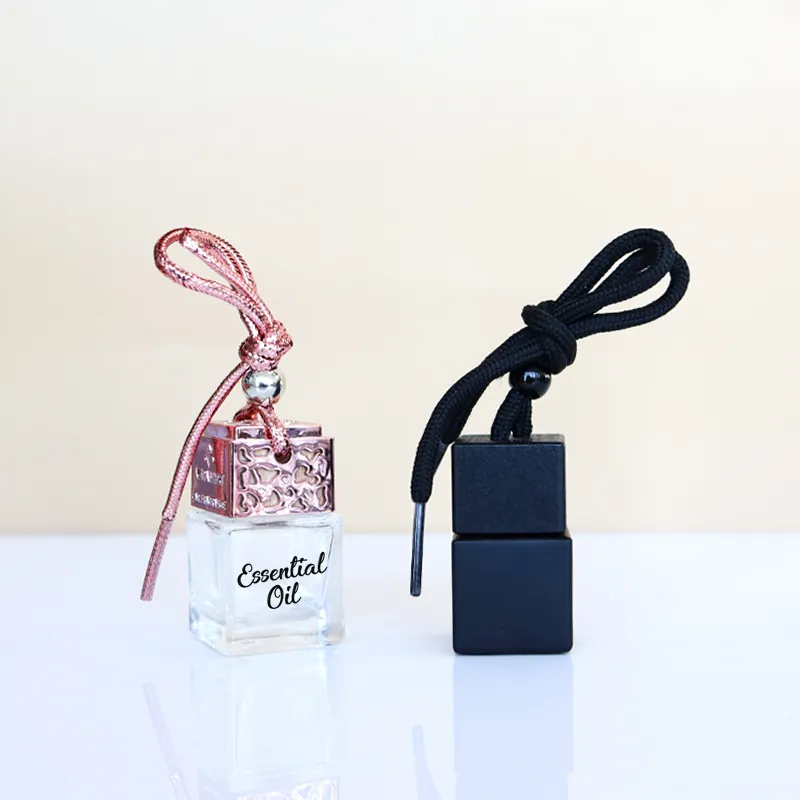 Ücretsiz örnek araba oda parfümü 8ml 10ml temizle kare hava araba şişe cam tütsülük şişe siyah gül kap