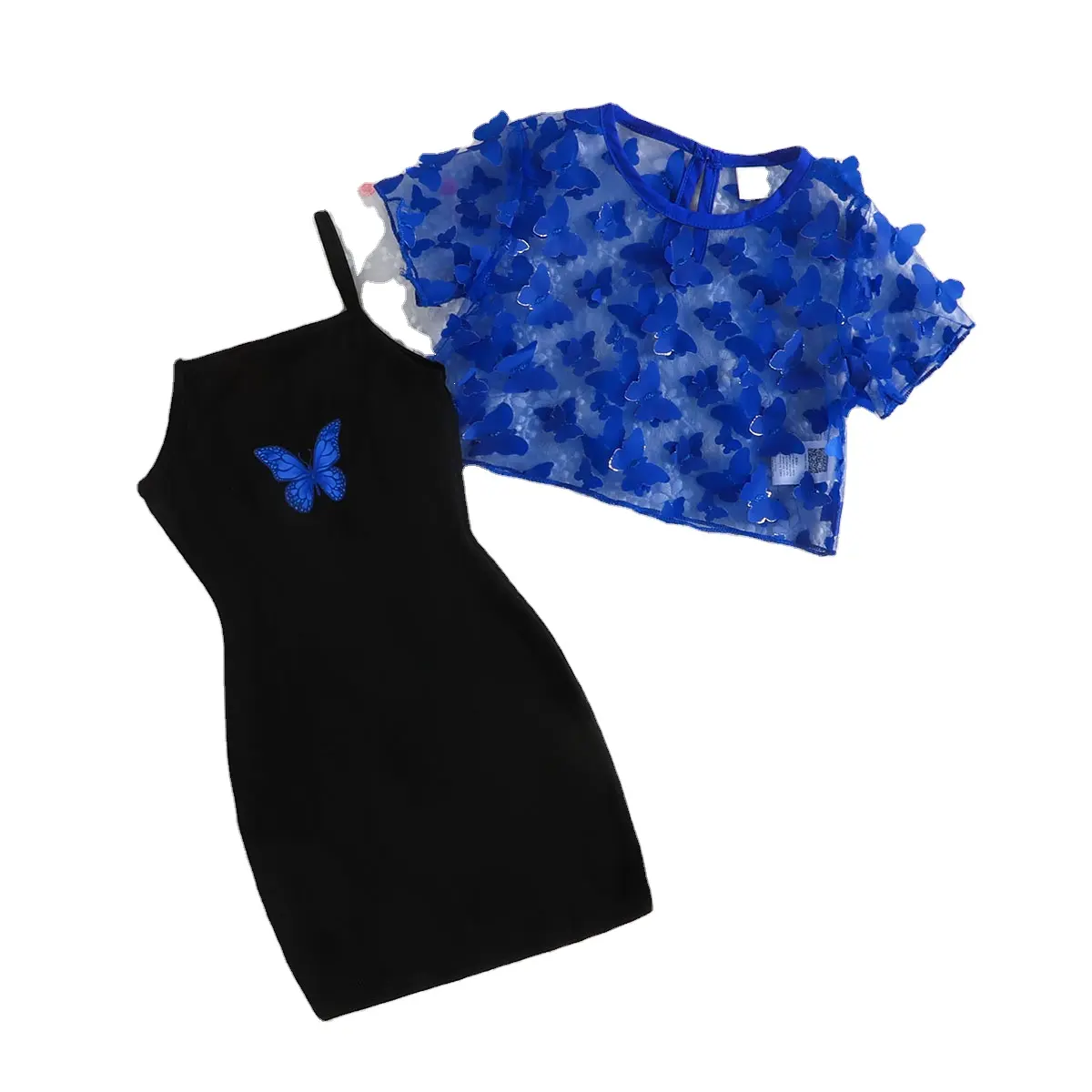 Camiseta de malha com laço exclusivo para meninas, vestido com suspensório de borboleta, 2 peças, roupas de bebê para meninas, novidade de 4 a 7 anos, 2024