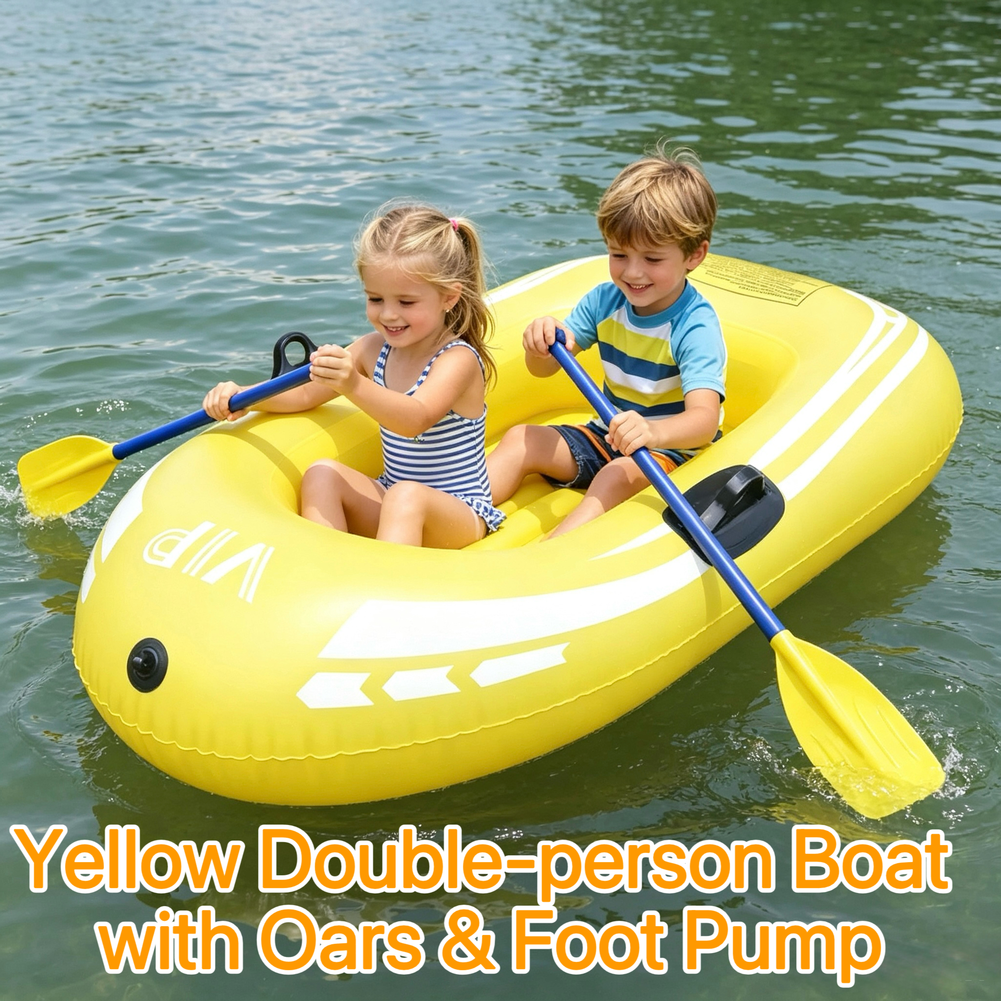 Yellow-double-person boat with oars and foot pump