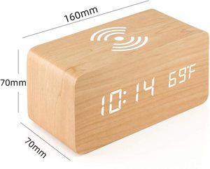 Reloj despertador digital de madera con carga inalámbrica Reloj digital LED con visualización de temperatura y fecha Reloj despertador - Product Image 1