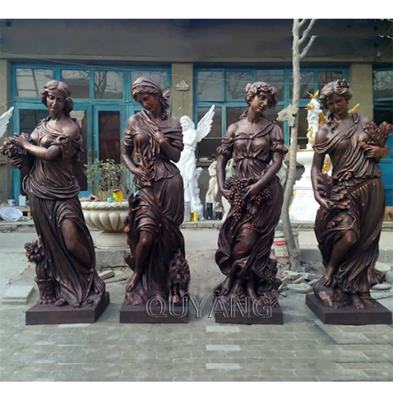 QUYANGアウトドア等身大アンティークメタルローマの女性ブロンズ女神彫刻四季ギリシャの女性の庭の彫像