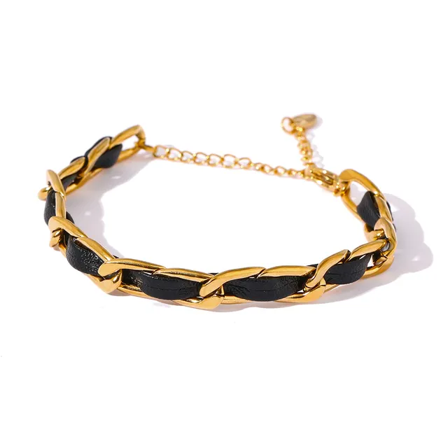 JINYOU 1261 Fashion Leather Chain bracciale rigido Vintage in metallo in acciaio inossidabile placcato oro 18 carati