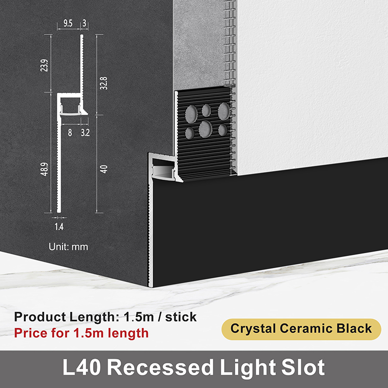 Slot per luce da incasso L40 / Cristallo ceramica nera / 1,5 m